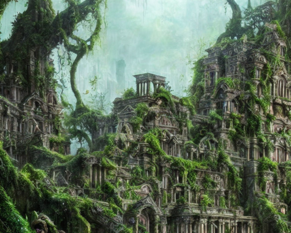 Overgrown ancient ruins in misty forest with intertwined vegetation