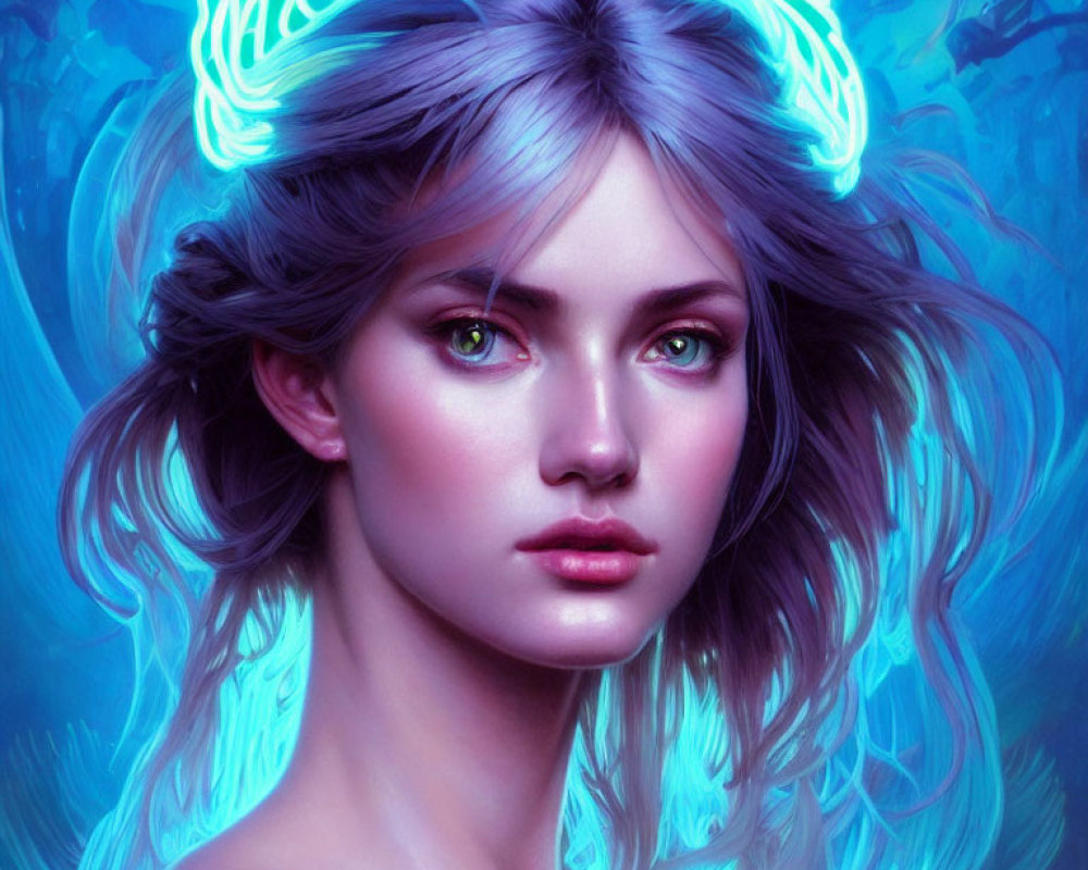 Surreal portrait of woman with flowing hair and luminescent halo in blue and pink