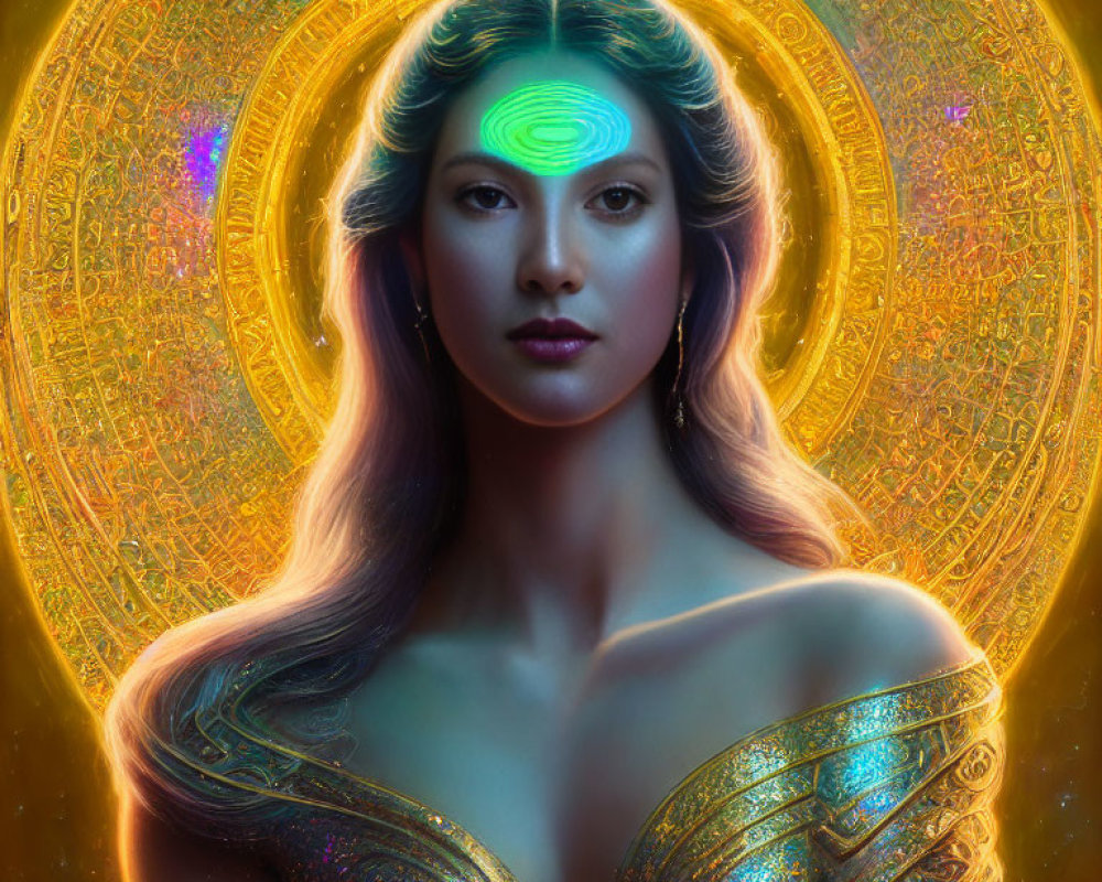 Mystical woman in golden armor with radiant mandala and forehead symbol