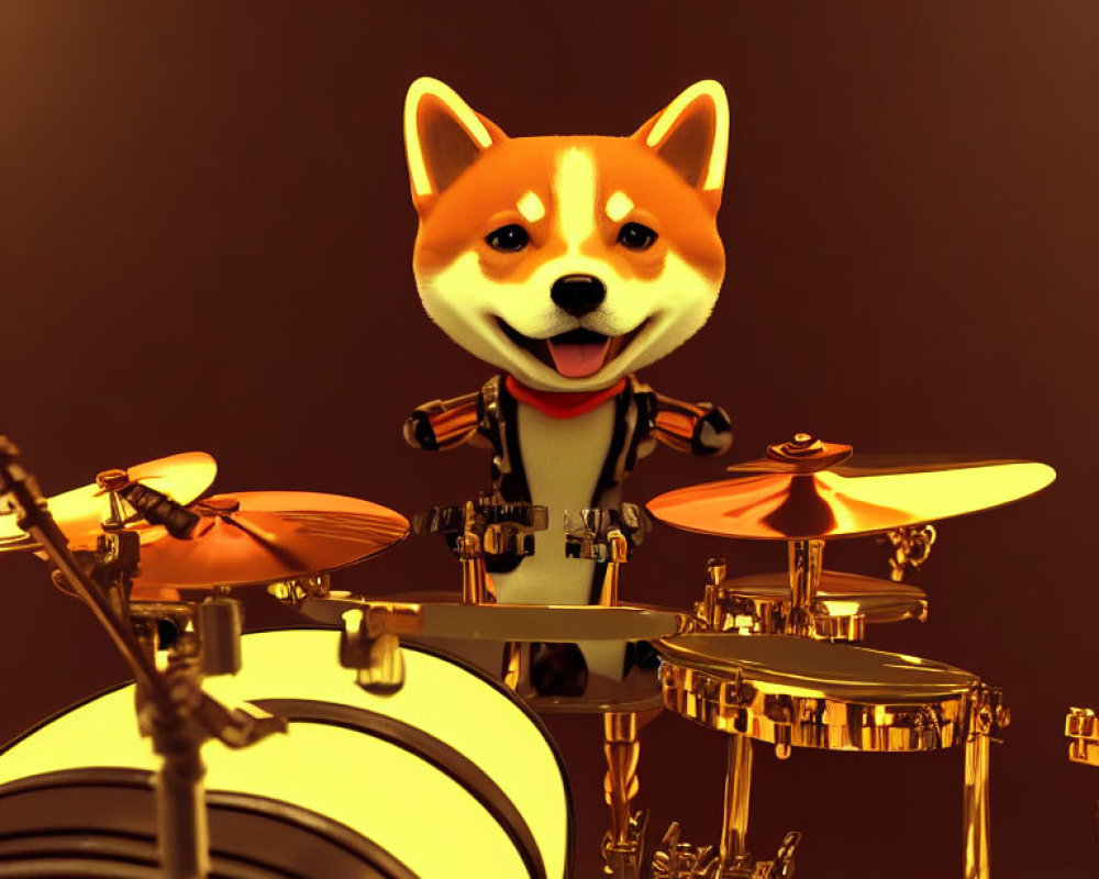 Cartoon Dog Playing Golden Drum Set on Brown Background