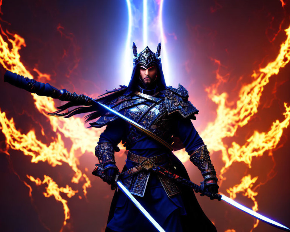 Fantasy warrior in elaborate armor with glowing blue swords amidst flames and lightning.