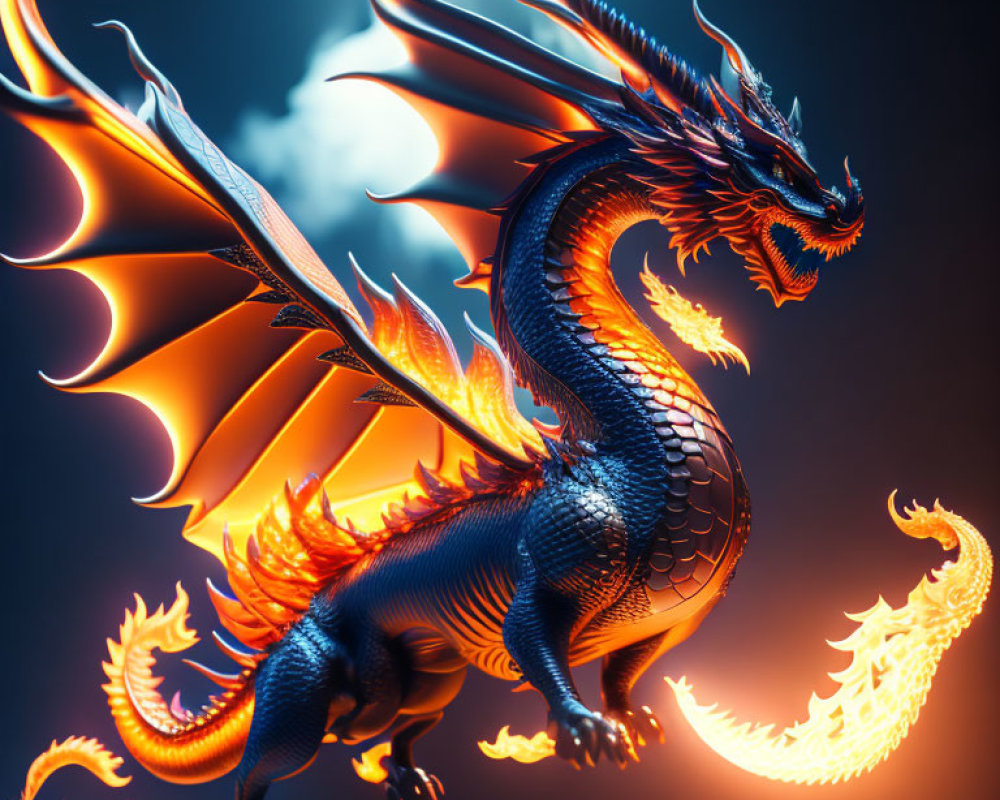 Majestic blue and orange dragon in 3D illustration