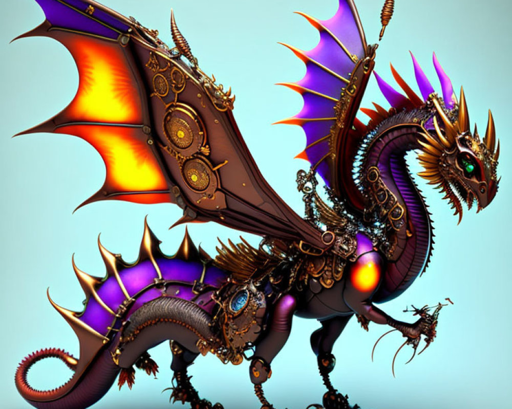 Detailed mechanical dragon illustration with purple and orange wings and intricate gears.