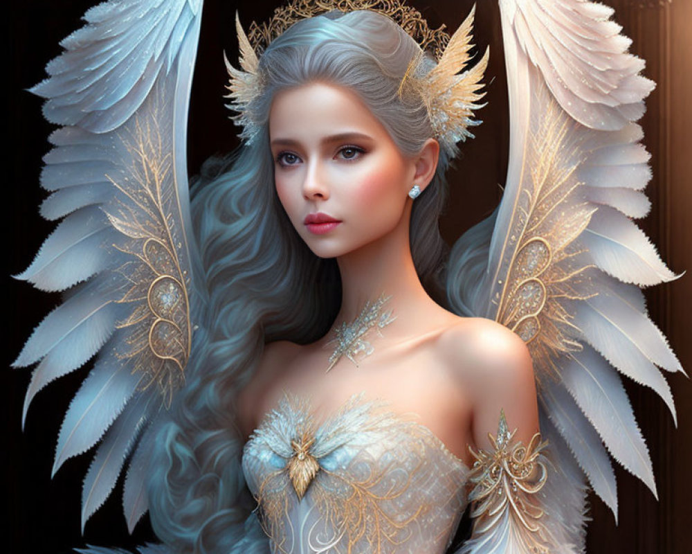 Ethereal woman with white wings and golden crown in blue gown
