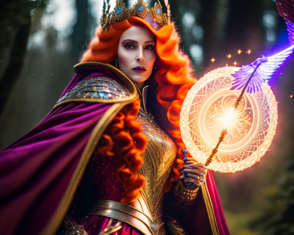 Fiery red-haired figure with golden crown in enchanted forest