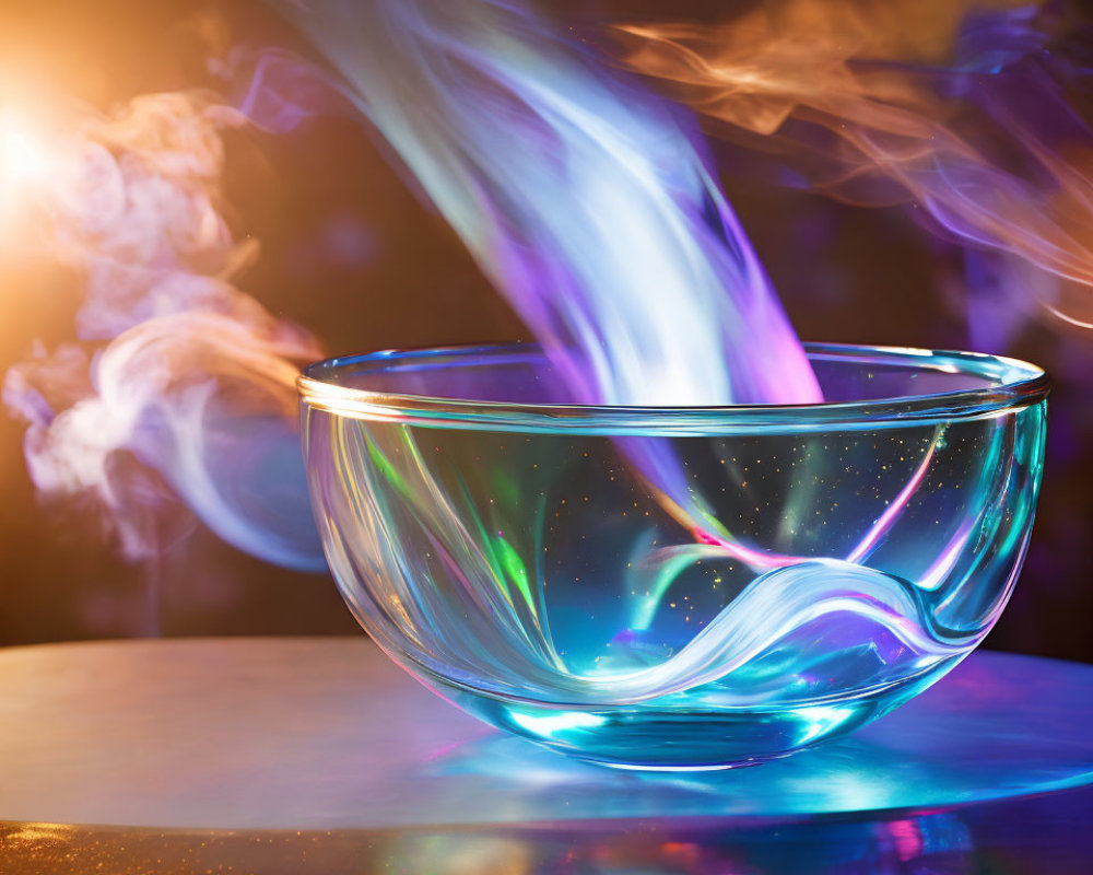 Iridescent Glass Bowl with Blue Flame and Smoke on Dark Background