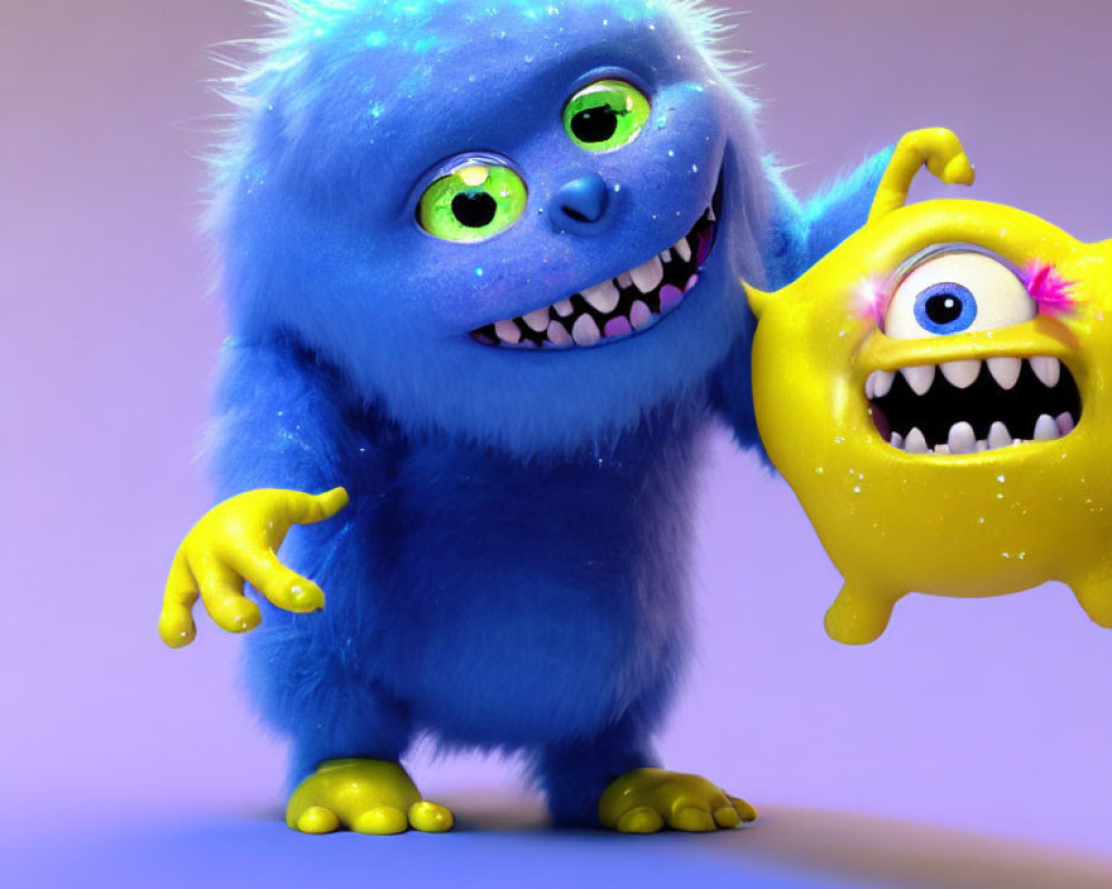 Blue Furry Monster and Yellow One-Eyed Monster Smiling on Purple Background