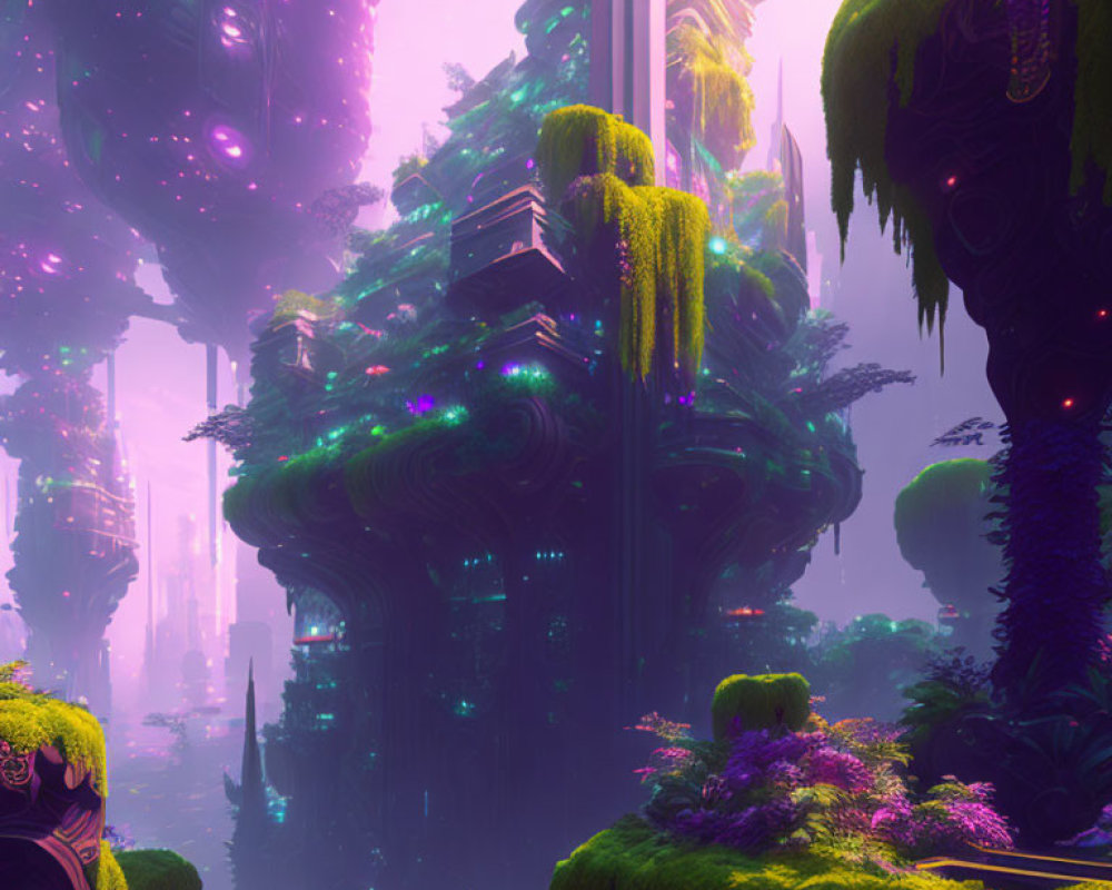 Neon-lit forest with floating islands and ancient structures