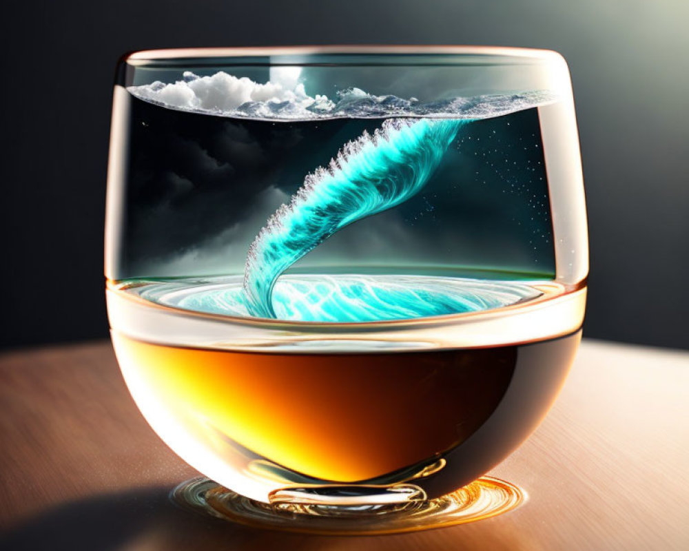 Glass with swirling liquid against starry sky and clouds, creating miniature ocean scene