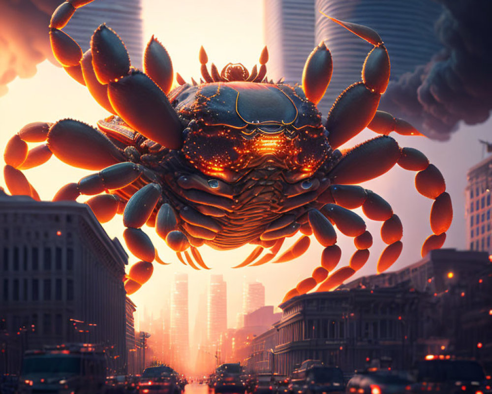 Giant crab above city street at sunset with mystic glow