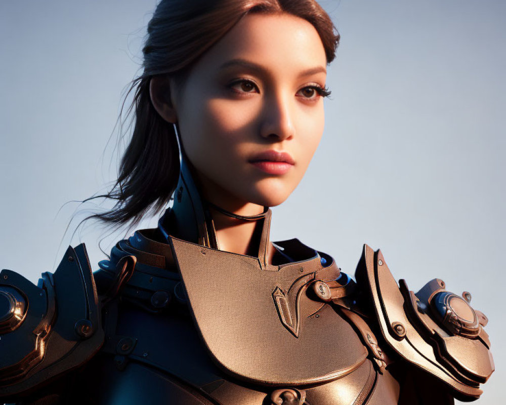 Futuristic digital portrait of Asian woman in armor against soft-lit backdrop