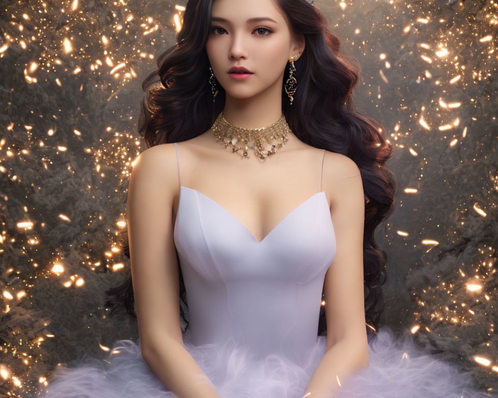 Woman in elegant dress with long hair and fine jewelry against sparkling background.