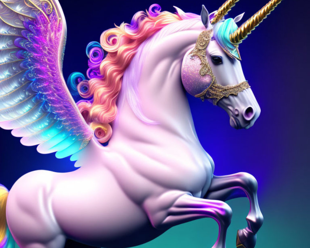 Mythical unicorn with shimmering body, golden horn, pink mane, and feathered wings on
