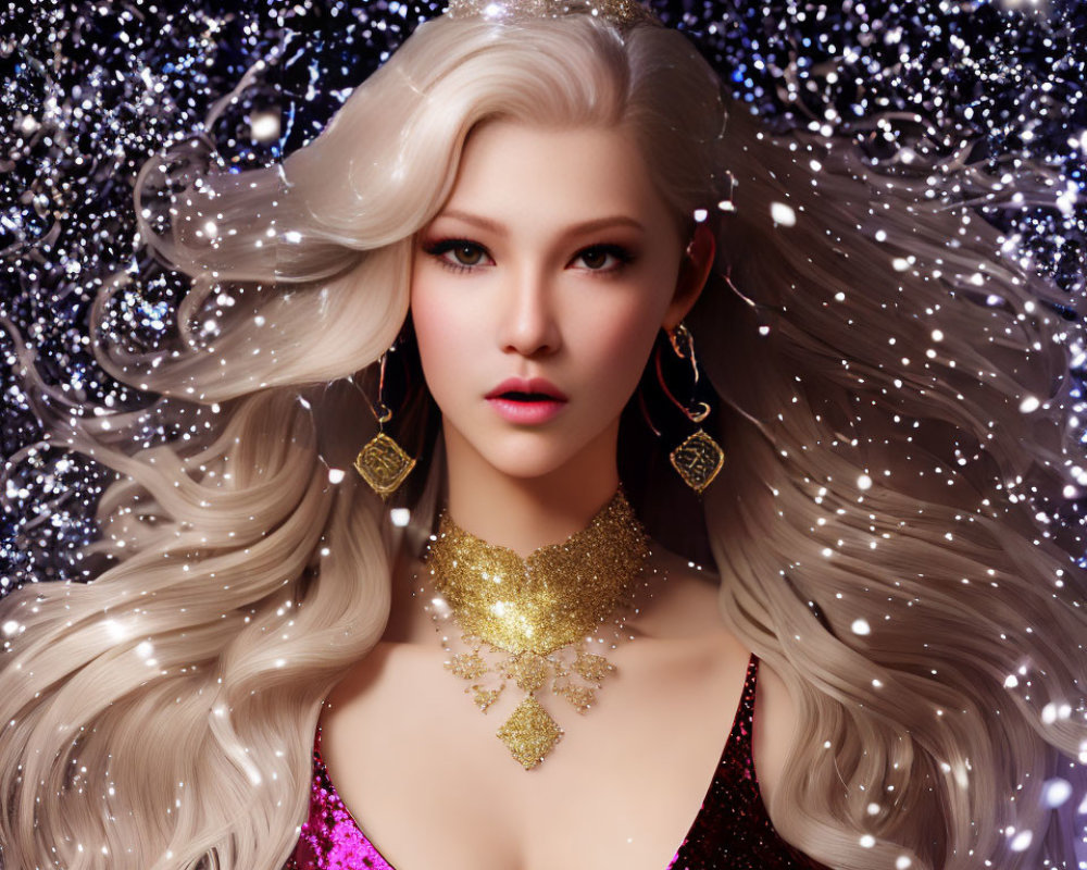 Platinum blonde woman portrait with gold jewelry on starry night background