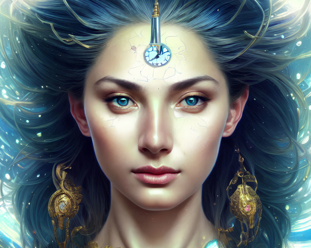 Digital artwork: Woman with clock in forehead, blue flowing hair, golden ornaments