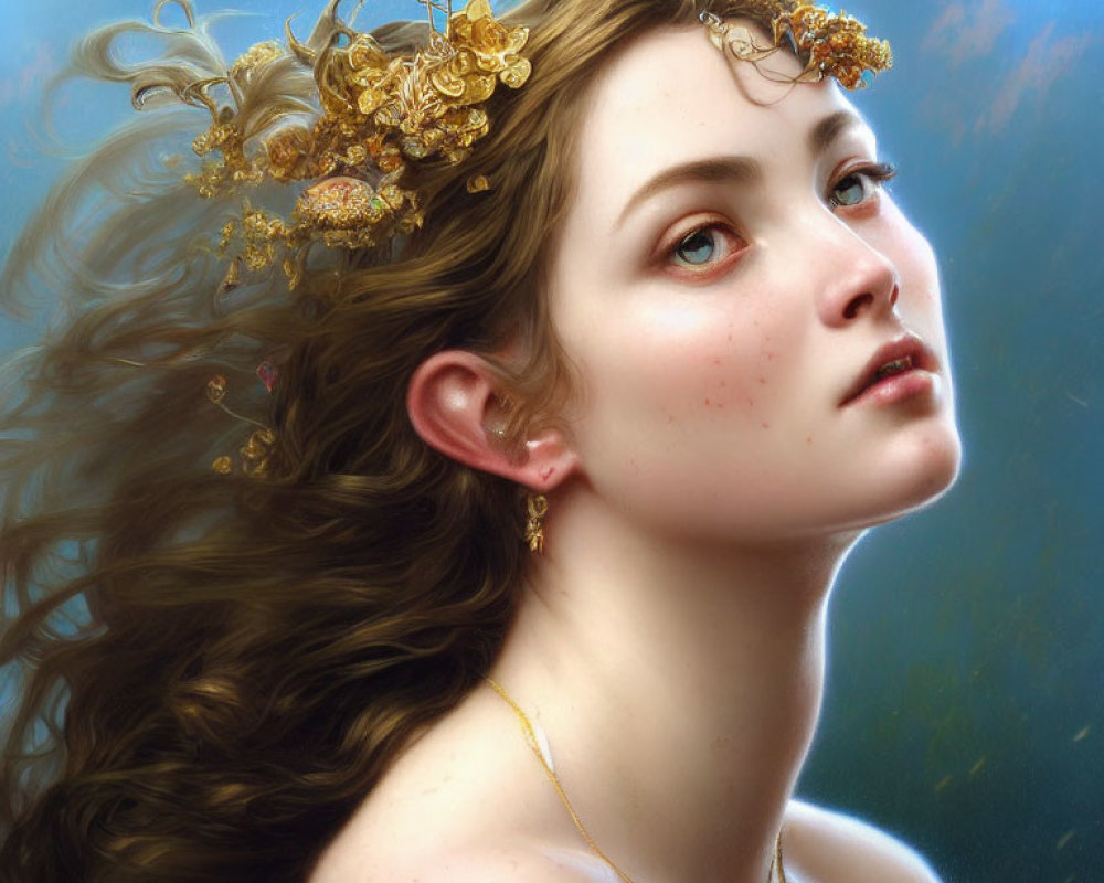 Digital portrait of woman with flowing hair and gold accessories on soft blue backdrop