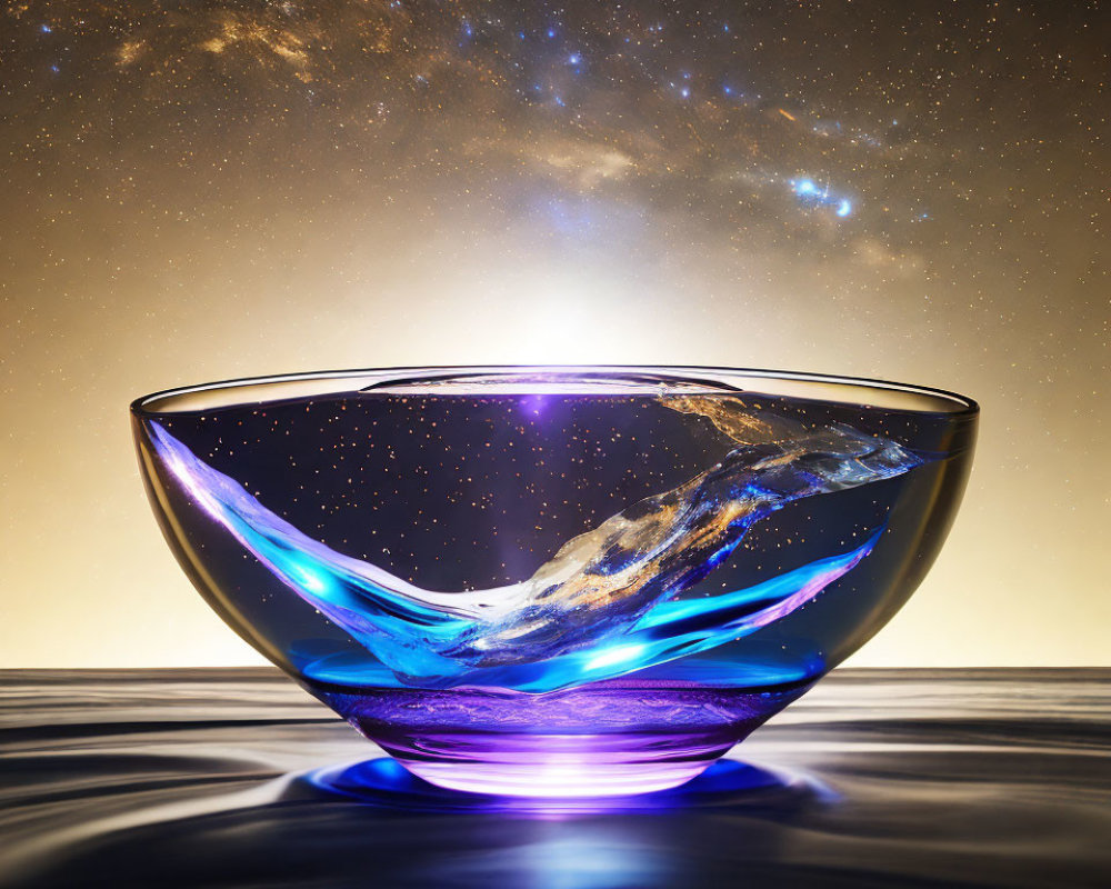 Translucent bowl with galaxy reflection on celestial backdrop