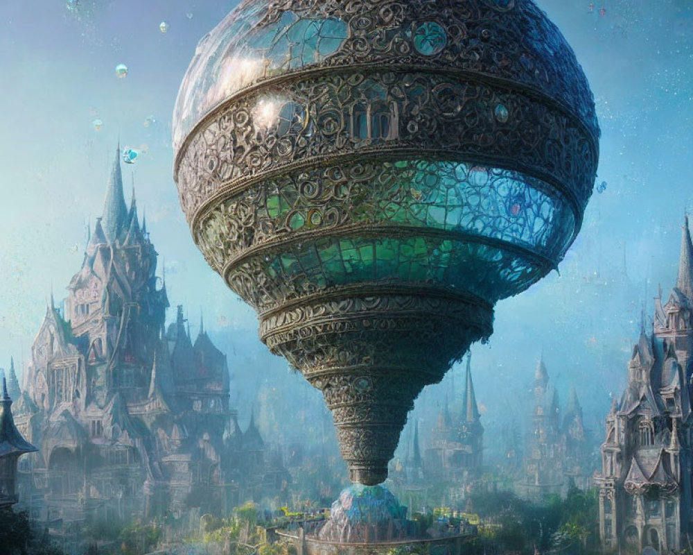 Fantastical cityscape with ornate hot air balloon-like structure