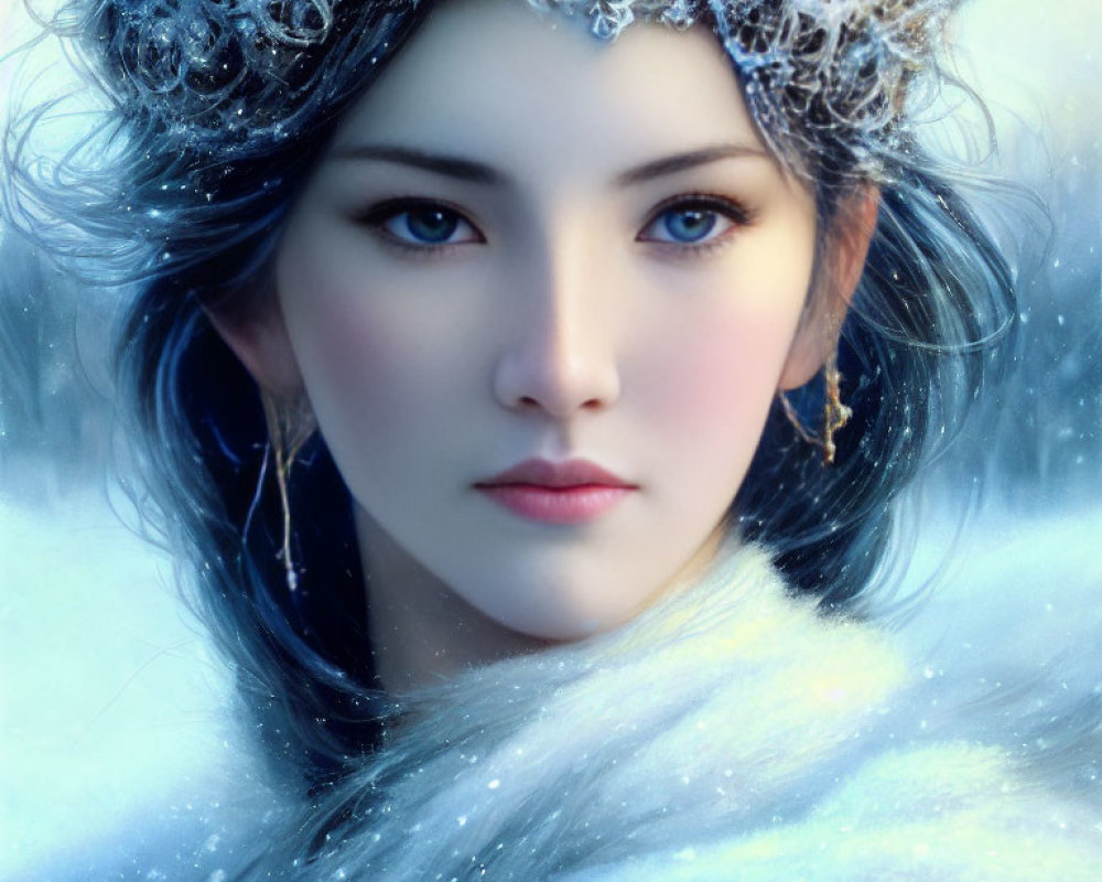 Digital portrait of woman with icy crown and snowflake-adorned fur, blue hair, frosty