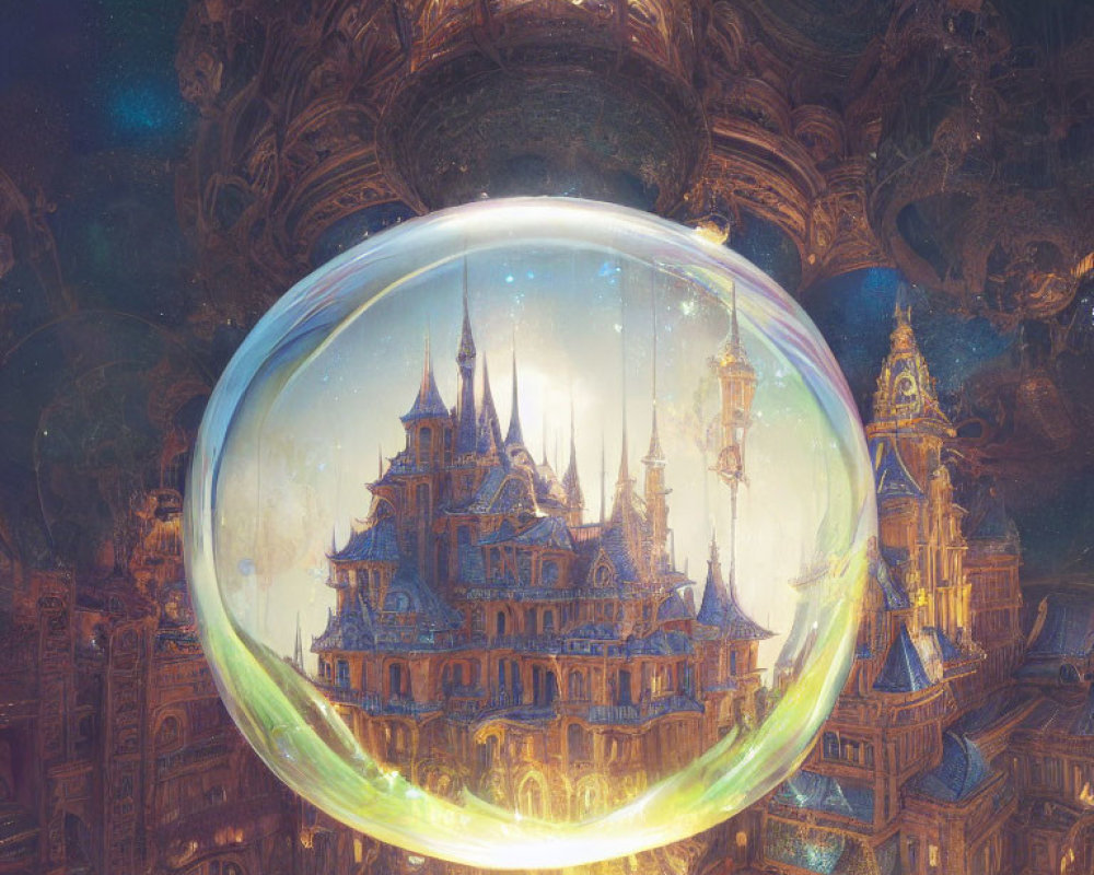 Golden castle in transparent bubble on celestial backdrop