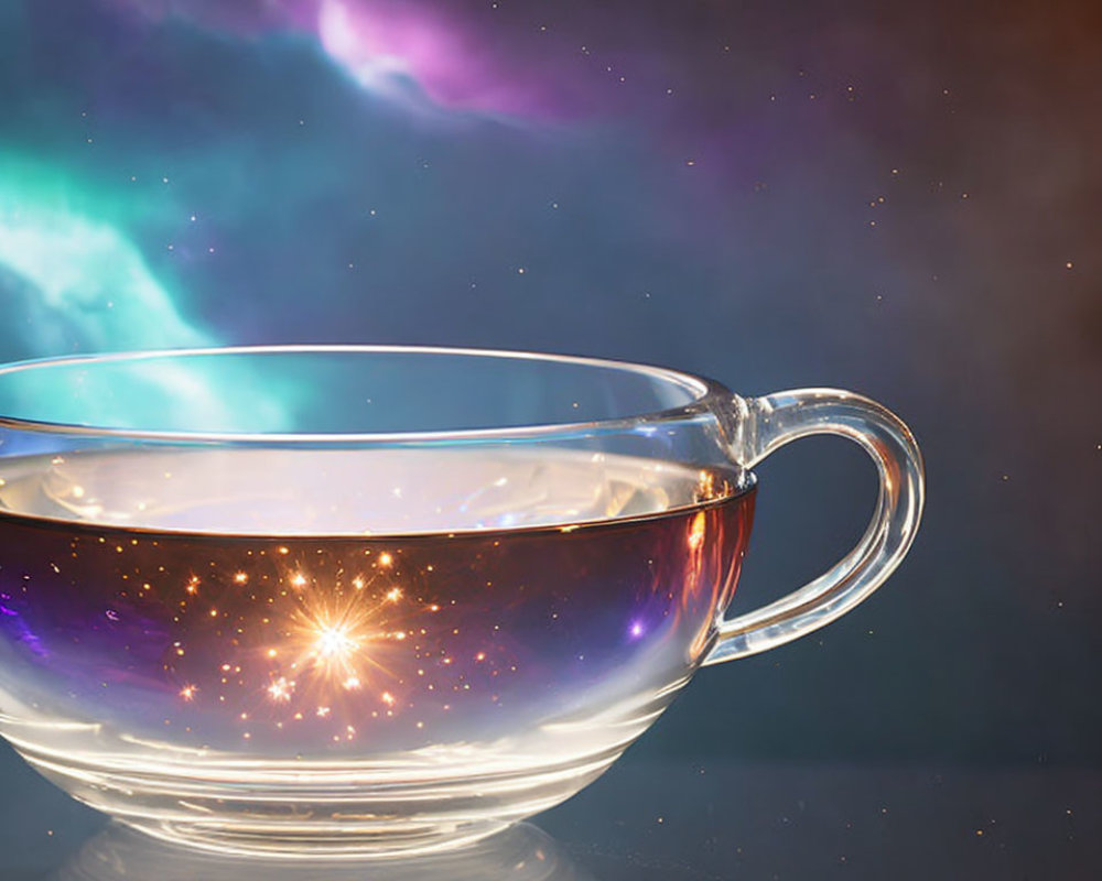 Transparent Cup of Tea with Cosmic Nebulae Against Galaxy Backdrop
