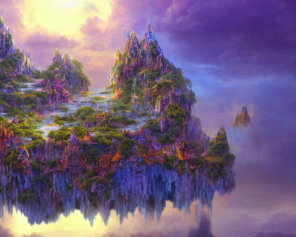 Fantasy landscape with floating islands, mystical structures, lush greenery, and purple sunset sky.