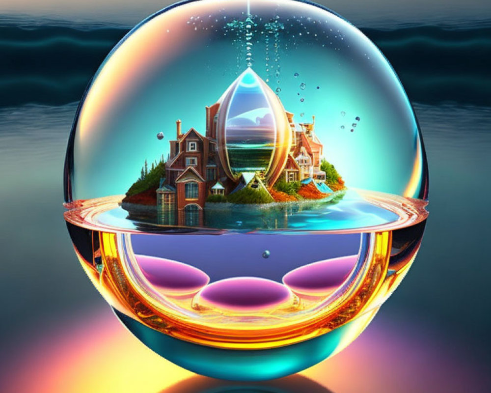 Surreal house on island in bubble above vibrant water