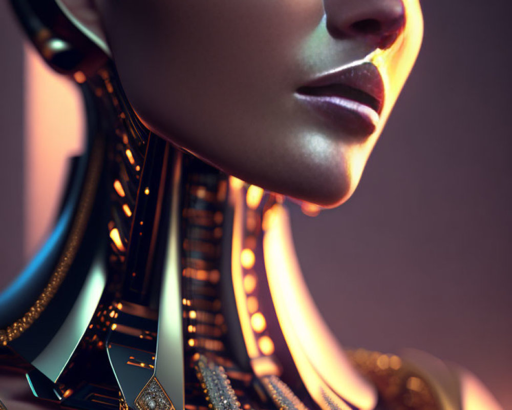 Female Android Close-Up: Gold and Black Neck Mechanics on Purple Backdrop