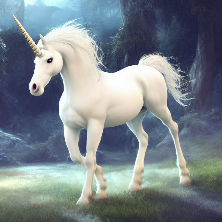 White Unicorn with Spiraled Horn in Mystical Forest Glade