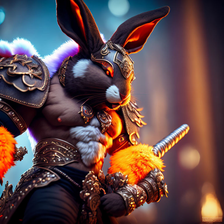 Warrior rabbit in armor holding orange staff with mystical backdrop