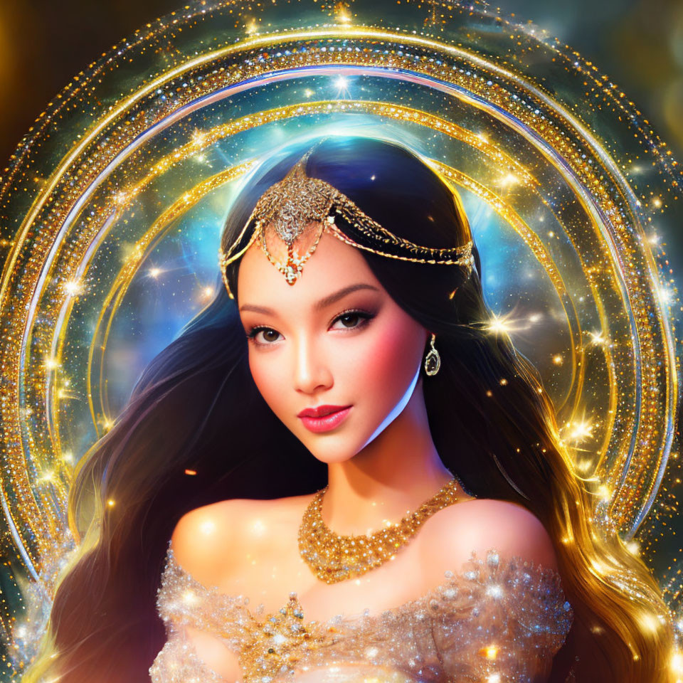 Illustration of woman with long hair in gold jewelry on mystical golden backdrop