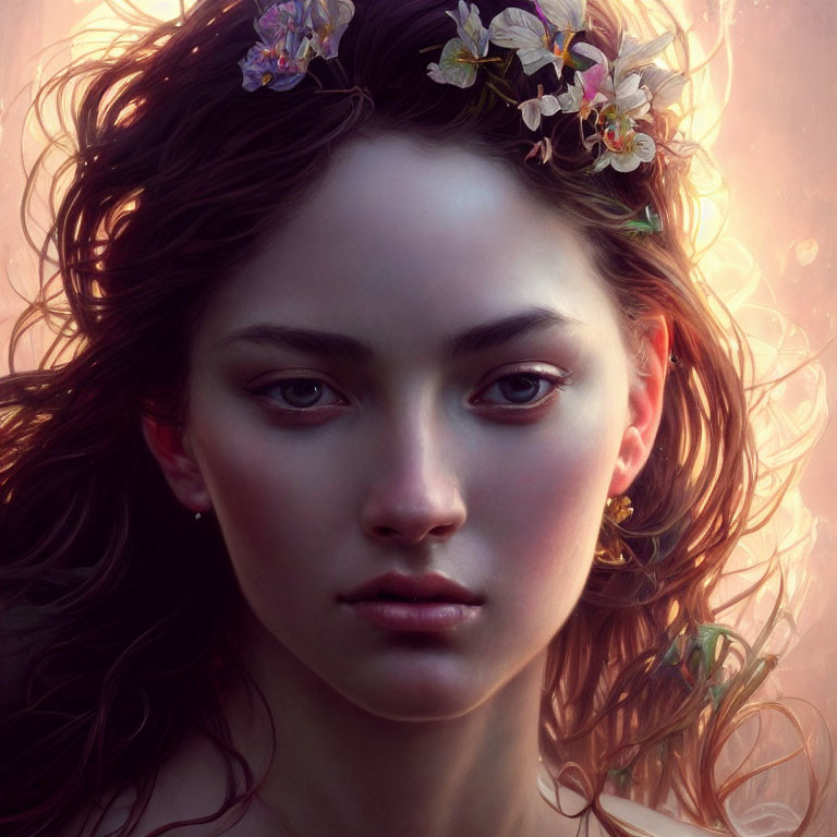 Digital portrait of woman with wavy red hair and flower crown in serene ambiance