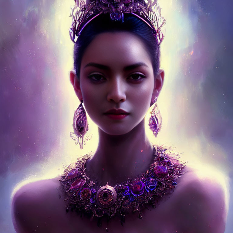 Regal Woman Wearing Crown and Ornate Jewelry in Mystical Purple Aura