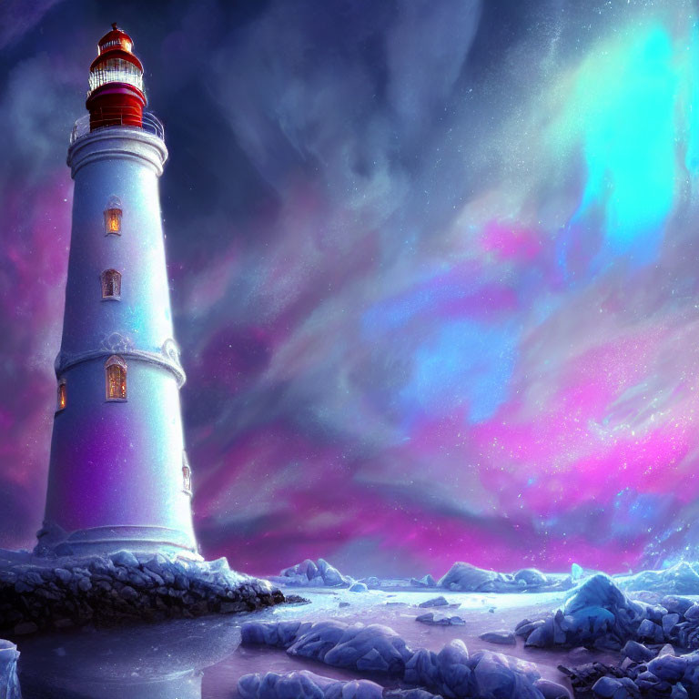 Lighthouse with lights on in aurora borealis night sky