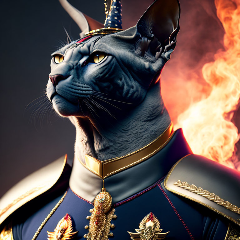 Regal Cat in Military Uniform with Human-like Features