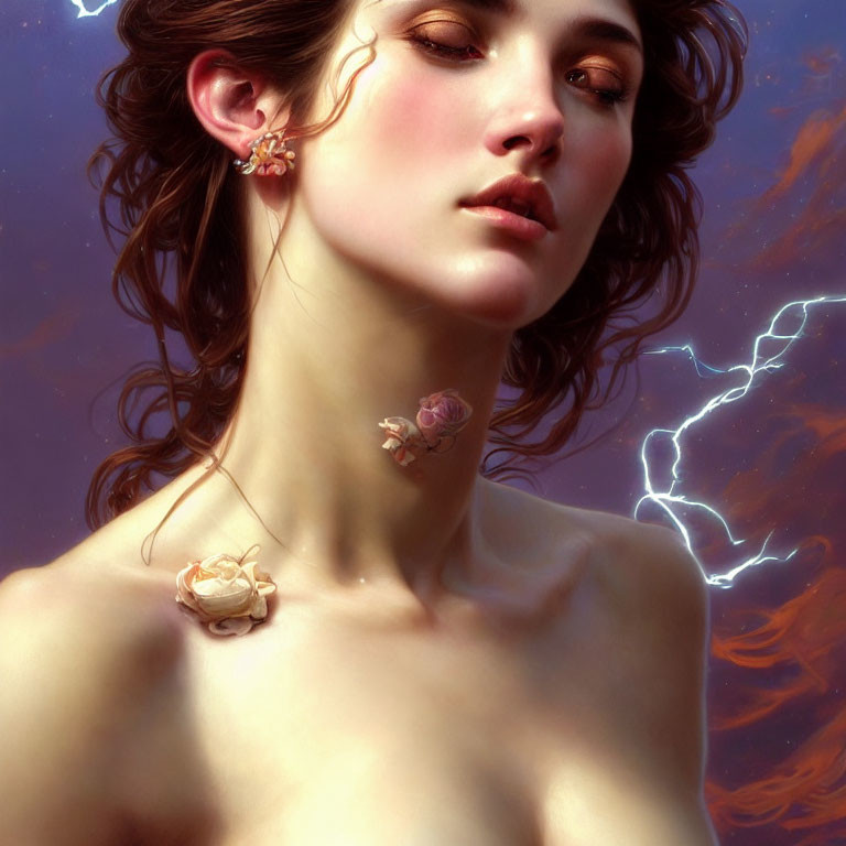 Serene woman portrait with flower earrings in stormy backdrop