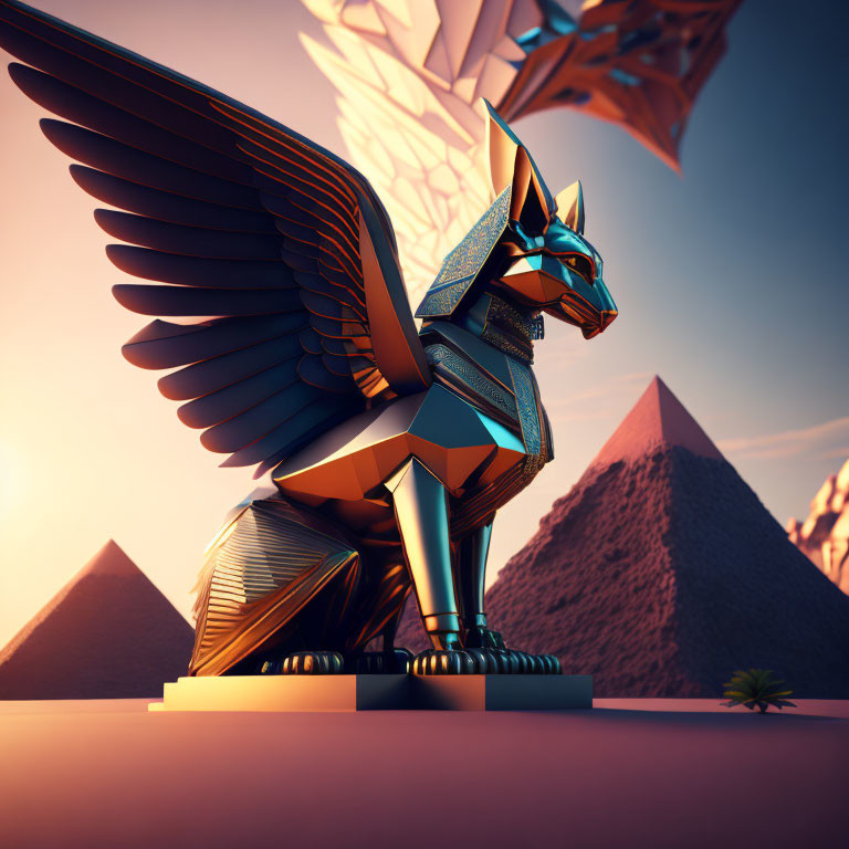Futuristic Anubis statue with wings in desert landscape