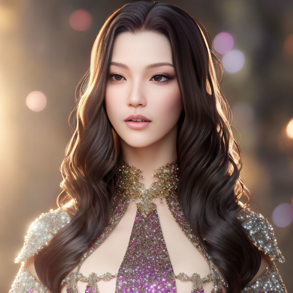 Portrait of Woman with Long Wavy Hair in Glittery Dress