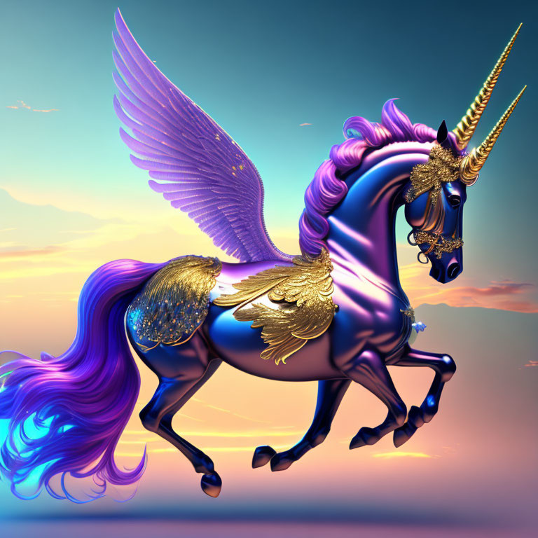 Majestic purple unicorn with golden wings and horn trotting in twilight sky