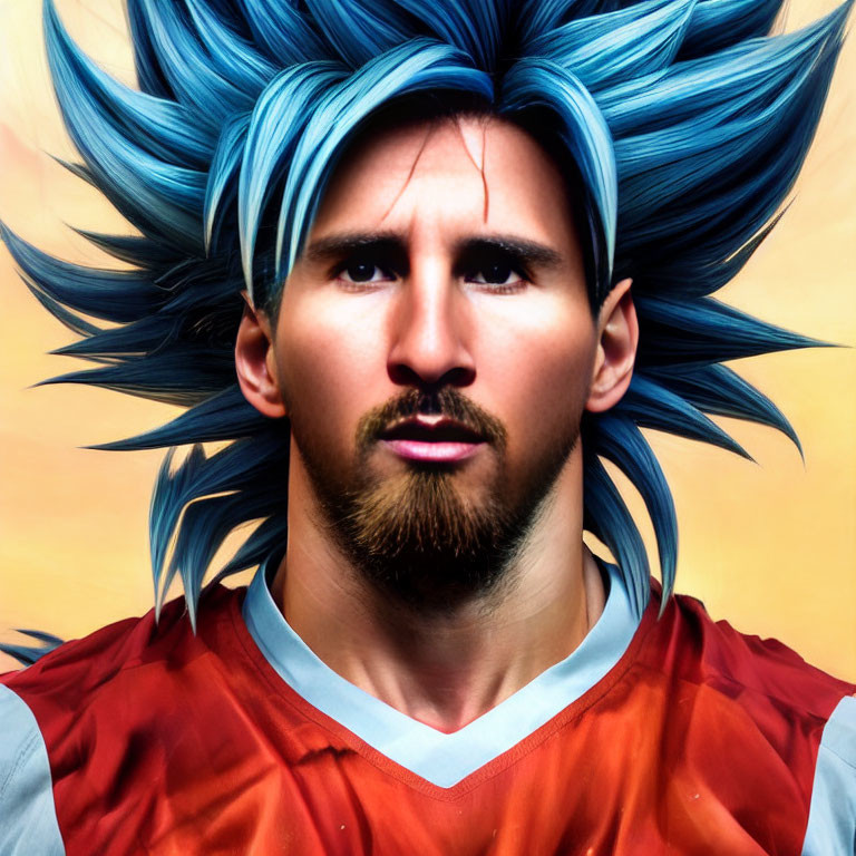 Man with beard and soccer jersey merged with spiky blue hair in edited image