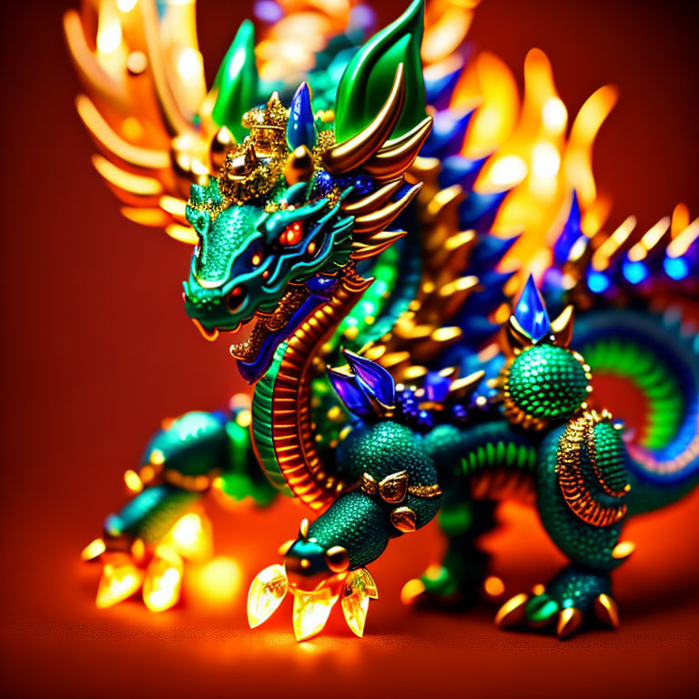 Colorful Dragon Figurine with Gold Accents on Red Background