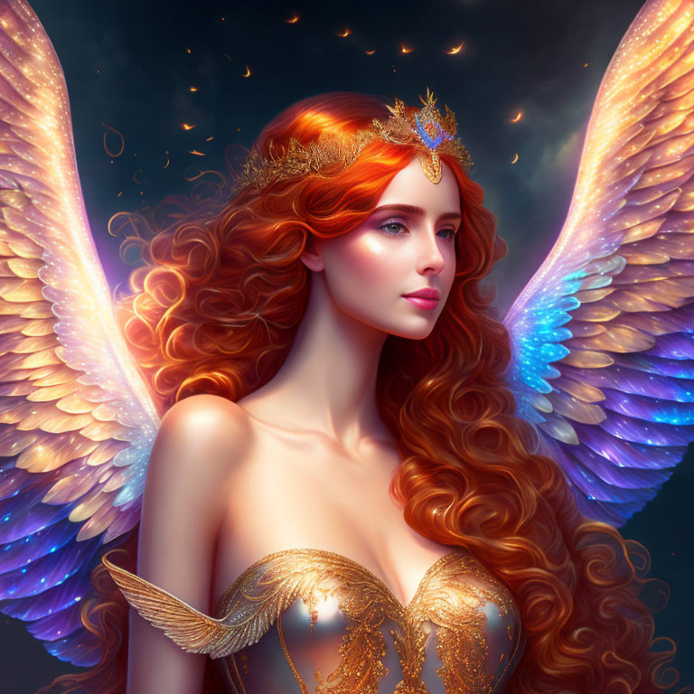 Digital artwork featuring woman with fiery red hair, golden tiara, and multi-colored wings