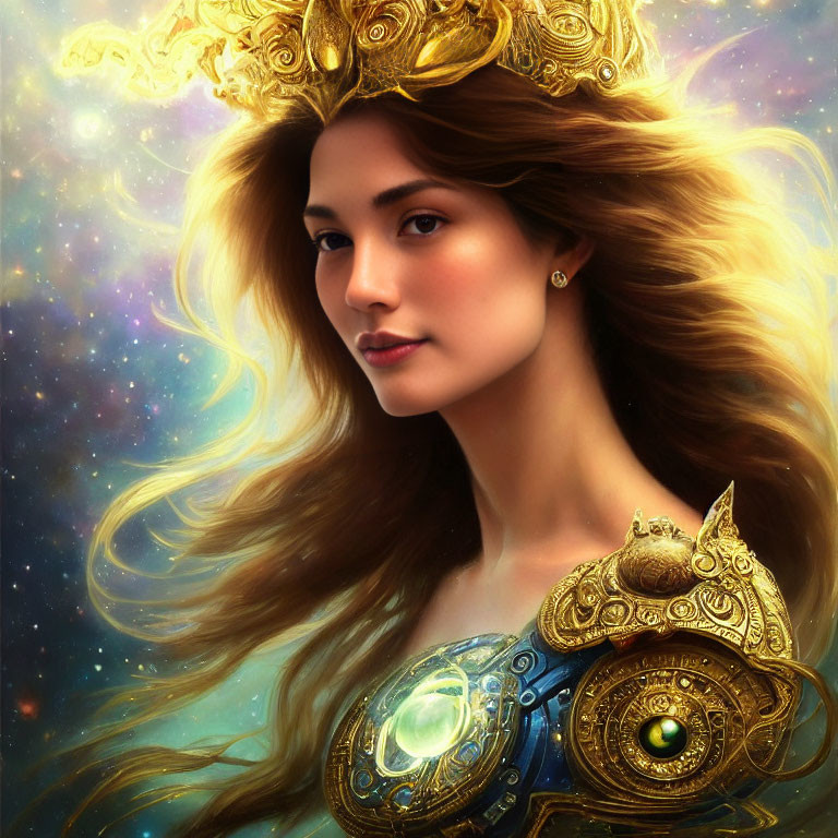 Woman in Golden Crown and Armor on Cosmic Background