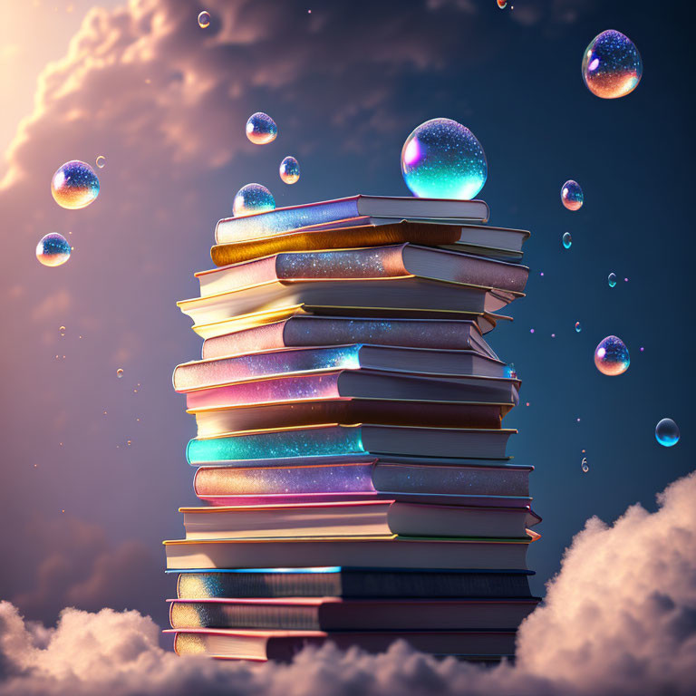 Colorful Glittering Books on Dreamy Twilight Sky Background