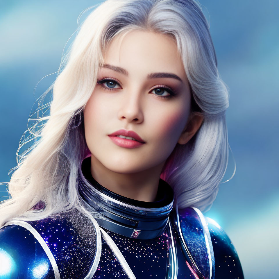 Digital artwork: Woman with silver hair in futuristic space suit on blue background