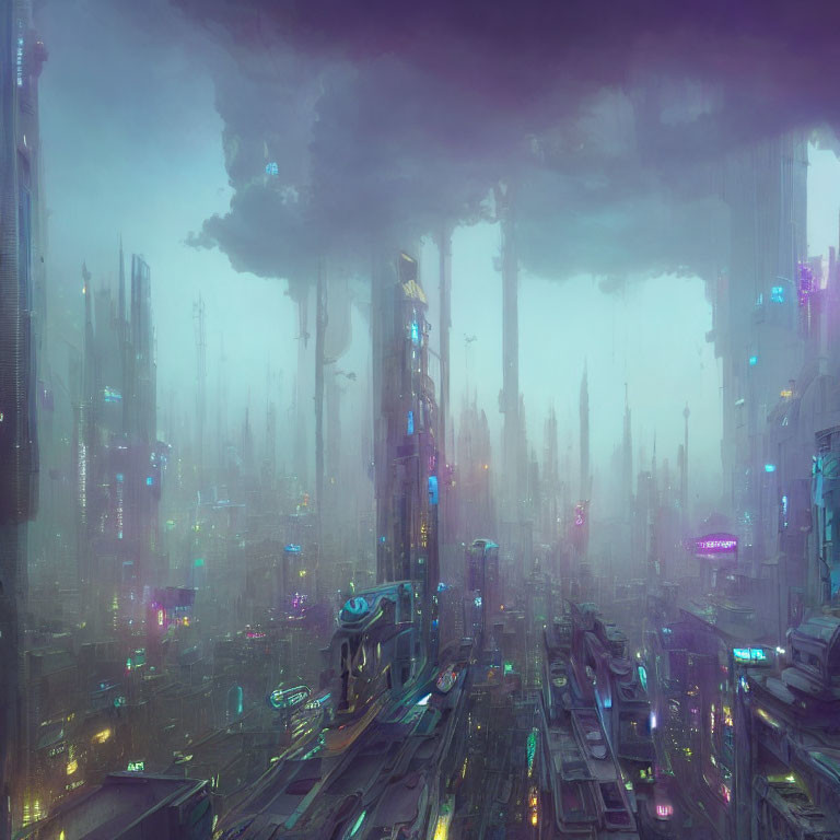 Futuristic Cityscape with Skyscrapers and Neon Lights