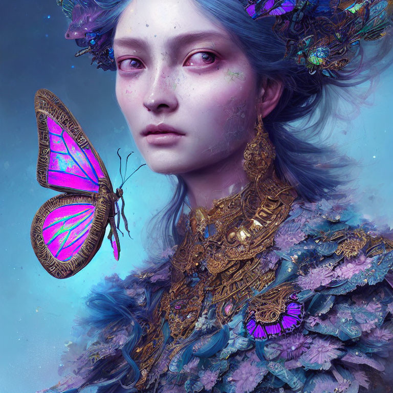 Ethereal portrait of woman with blue hair and gold accessories amid butterflies
