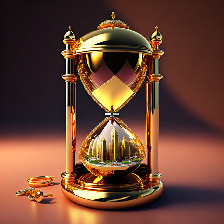 Golden Hourglass with Cityscape and Key on Reflective Surface