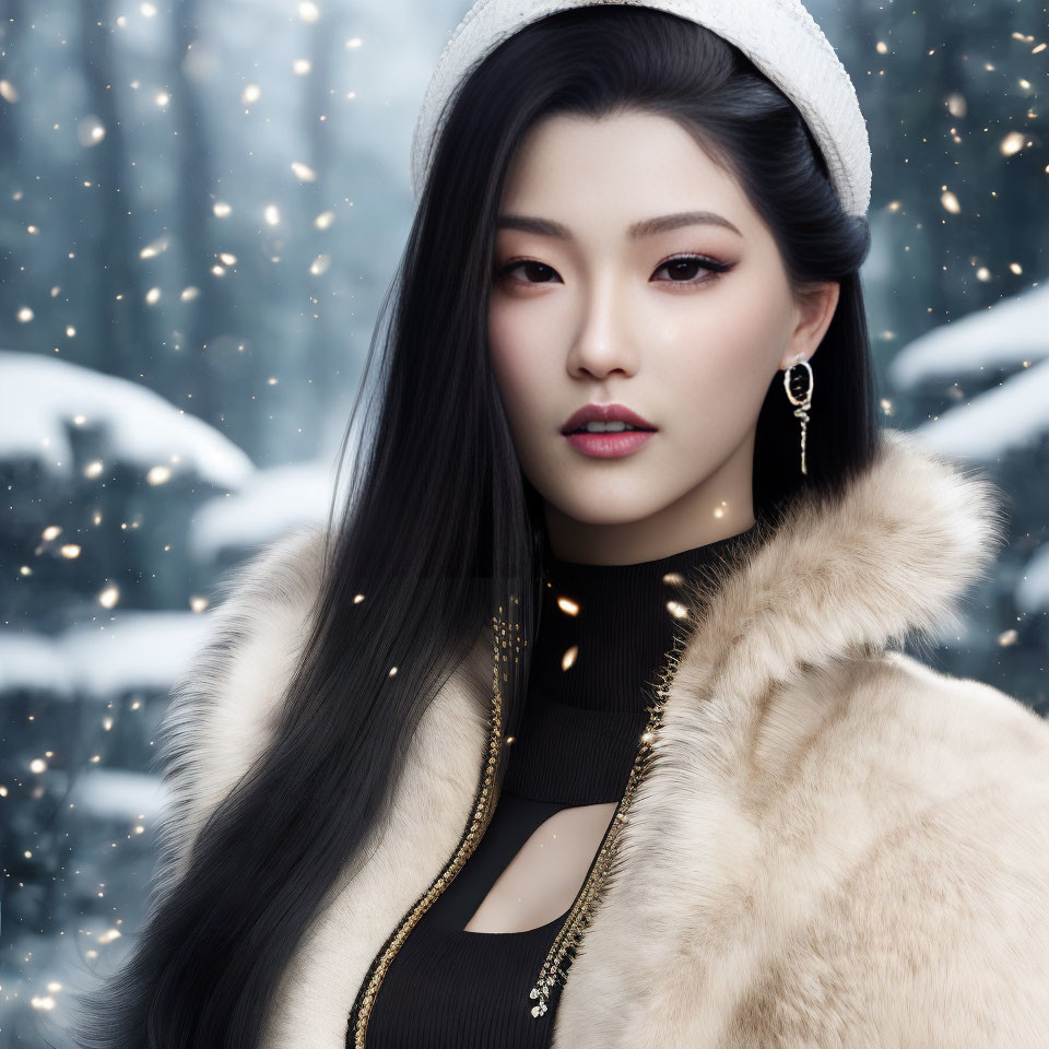 Dark-haired woman in fur coat with elegant makeup and earrings in snowy setting