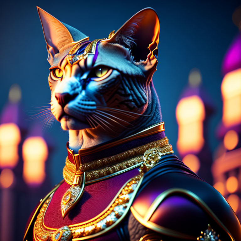 Majestic cat in regal attire with golden collar against fantasy backdrop
